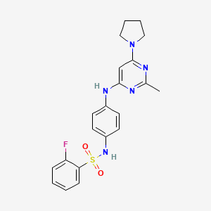 molecular formula C21H22FN5O2S B11334709 2-fluoro-N-(4-((2-methyl-6-(pyrrolidin-1-yl)pyrimidin-4-yl)amino)phenyl)benzenesulfonamide 