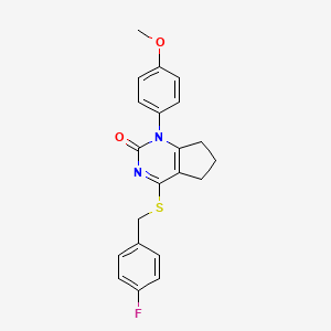 molecular formula C21H19FN2O2S B11335561 4-[(4-fluorobenzyl)sulfanyl]-1-(4-methoxyphenyl)-1,5,6,7-tetrahydro-2H-cyclopenta[d]pyrimidin-2-one 