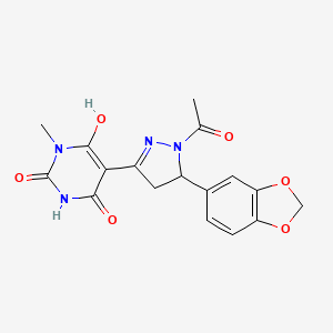 (5Z)-5-[1-acetyl-5-(1,3-benzodioxol-5-yl)pyrazolidin-3-ylidene]-6-hydroxy-3-methylpyrimidine-2,4(3H,5H)-dione