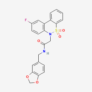 molecular formula C22H17FN2O5S B11340256 N-(1,3-benzodioxol-5-ylmethyl)-2-(9-fluoro-5,5-dioxido-6H-dibenzo[c,e][1,2]thiazin-6-yl)acetamide 