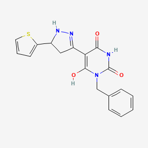 (5Z)-1-benzyl-5-[5-(thiophen-2-yl)pyrazolidin-3-ylidene]pyrimidine-2,4,6(1H,3H,5H)-trione