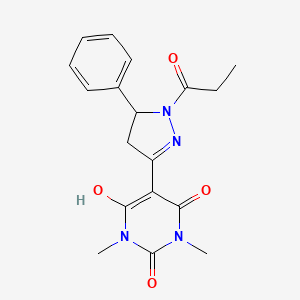 1,3-dimethyl-5-(5-phenyl-1-propanoylpyrazolidin-3-ylidene)pyrimidine-2,4,6(1H,3H,5H)-trione