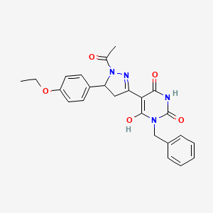 (5Z)-5-[1-acetyl-5-(4-ethoxyphenyl)pyrazolidin-3-ylidene]-1-benzylpyrimidine-2,4,6(1H,3H,5H)-trione