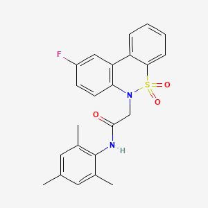 molecular formula C23H21FN2O3S B11341402 2-(9-fluoro-5,5-dioxido-6H-dibenzo[c,e][1,2]thiazin-6-yl)-N-mesitylacetamide 