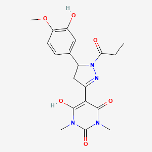 5-[5-(3-hydroxy-4-methoxyphenyl)-1-propanoylpyrazolidin-3-ylidene]-1,3-dimethylpyrimidine-2,4,6(1H,3H,5H)-trione