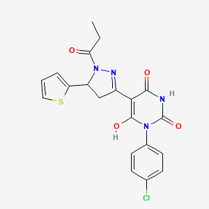 (5Z)-1-(4-chlorophenyl)-5-[1-propanoyl-5-(thiophen-2-yl)pyrazolidin-3-ylidene]pyrimidine-2,4,6(1H,3H,5H)-trione