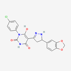 (5Z)-5-[5-(1,3-benzodioxol-5-yl)pyrazolidin-3-ylidene]-3-(4-chlorophenyl)-6-hydroxypyrimidine-2,4(3H,5H)-dione