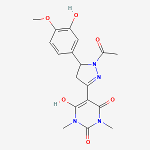 molecular formula C18H20N4O6 B11344537 5-[1-acetyl-5-(3-hydroxy-4-methoxyphenyl)pyrazolidin-3-ylidene]-1,3-dimethylpyrimidine-2,4,6(1H,3H,5H)-trione 