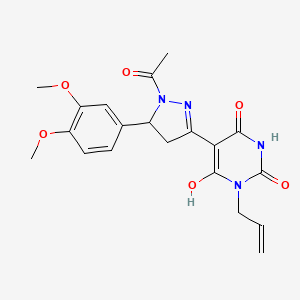 (5Z)-5-[1-acetyl-5-(3,4-dimethoxyphenyl)pyrazolidin-3-ylidene]-1-(prop-2-en-1-yl)pyrimidine-2,4,6(1H,3H,5H)-trione