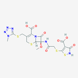 molecular formula C17H17N7O8S4 B113482 (6R,7S)-7-[[2-[(4-carboxy-3-oxo-1,2-thiazol-5-yl)sulfanyl]acetyl]amino]-7-methoxy-3-[(1-methyltetrazol-5-yl)sulfanylmethyl]-8-oxo-5-thia-1-azabicyclo[4.2.0]oct-2-ene-2-carboxylic acid CAS No. 69712-30-7