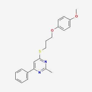 molecular formula C21H22N2O2S B11349640 4-((3-(4-Methoxyphenoxy)propyl)thio)-2-methyl-6-phenylpyrimidine 