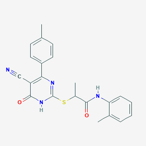 molecular formula C22H20N4O2S B11356935 2-{[5-Cyano-4-(4-methylphenyl)-6-oxo-1,6-dihydropyrimidin-2-YL]sulfanyl}-N-(2-methylphenyl)propanamide 