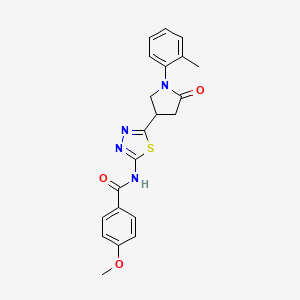 molecular formula C21H20N4O3S B11357391 4-methoxy-N-{5-[1-(2-methylphenyl)-5-oxopyrrolidin-3-yl]-1,3,4-thiadiazol-2-yl}benzamide 