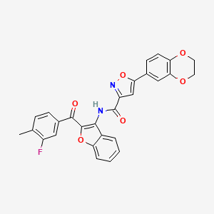 molecular formula C28H19FN2O6 B11357887 5-(2,3-dihydro-1,4-benzodioxin-6-yl)-N-{2-[(3-fluoro-4-methylphenyl)carbonyl]-1-benzofuran-3-yl}-1,2-oxazole-3-carboxamide 