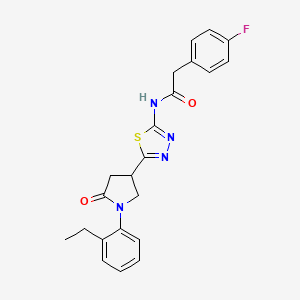 molecular formula C22H21FN4O2S B11360015 N-{5-[1-(2-ethylphenyl)-5-oxopyrrolidin-3-yl]-1,3,4-thiadiazol-2-yl}-2-(4-fluorophenyl)acetamide 