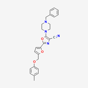 molecular formula C27H26N4O3 B11361357 5-(4-Benzylpiperazin-1-yl)-2-{5-[(4-methylphenoxy)methyl]furan-2-yl}-1,3-oxazole-4-carbonitrile 