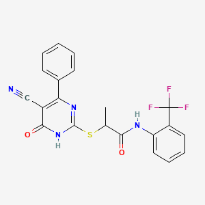 molecular formula C21H15F3N4O2S B11363270 2-[(5-Cyano-6-oxo-4-phenyl-1,6-dihydropyrimidin-2-YL)sulfanyl]-N-[2-(trifluoromethyl)phenyl]propanamide 