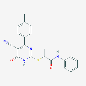 molecular formula C21H18N4O2S B11364039 2-{[5-Cyano-4-(4-methylphenyl)-6-oxo-1,6-dihydropyrimidin-2-YL]sulfanyl}-N-phenylpropanamide 