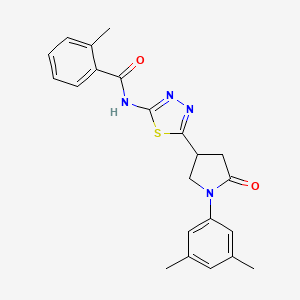 molecular formula C22H22N4O2S B11365296 N-{5-[1-(3,5-dimethylphenyl)-5-oxopyrrolidin-3-yl]-1,3,4-thiadiazol-2-yl}-2-methylbenzamide 