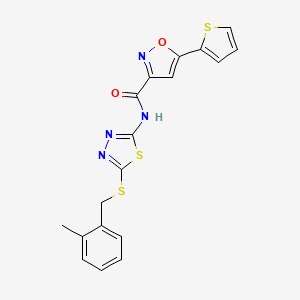 molecular formula C18H14N4O2S3 B11366129 N-{5-[(2-methylbenzyl)sulfanyl]-1,3,4-thiadiazol-2-yl}-5-(thiophen-2-yl)-1,2-oxazole-3-carboxamide 