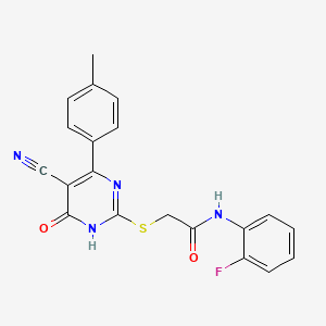 molecular formula C20H15FN4O2S B11367254 2-{[5-Cyano-4-(4-methylphenyl)-6-oxo-1,6-dihydropyrimidin-2-YL]sulfanyl}-N-(2-fluorophenyl)acetamide 