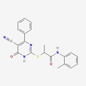 molecular formula C21H18N4O2S B11367504 2-[(5-Cyano-6-oxo-4-phenyl-1,6-dihydropyrimidin-2-YL)sulfanyl]-N-(2-methylphenyl)propanamide 