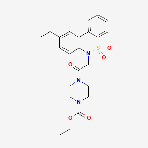 molecular formula C23H27N3O5S B11369072 Ethyl 4-[(9-ethyl-5,5-dioxido-6H-dibenzo[C,E][1,2]thiazin-6-YL)acetyl]-1-piperazinecarboxylate 