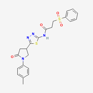 molecular formula C22H22N4O4S2 B11369652 N-{5-[1-(4-methylphenyl)-5-oxopyrrolidin-3-yl]-1,3,4-thiadiazol-2-yl}-3-(phenylsulfonyl)propanamide 