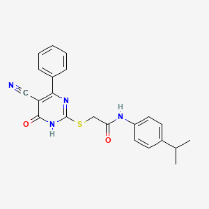 molecular formula C22H20N4O2S B11370481 2-[(5-Cyano-6-oxo-4-phenyl-1,6-dihydropyrimidin-2-YL)sulfanyl]-N-[4-(propan-2-YL)phenyl]acetamide 