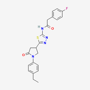 molecular formula C22H21FN4O2S B11371463 N-{5-[1-(4-ethylphenyl)-5-oxopyrrolidin-3-yl]-1,3,4-thiadiazol-2-yl}-2-(4-fluorophenyl)acetamide 