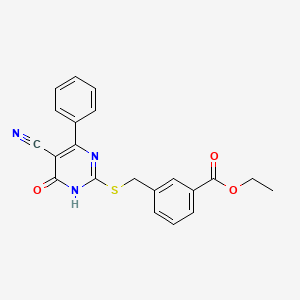 molecular formula C21H17N3O3S B11372011 Ethyl 3-{[(5-cyano-6-oxo-4-phenyl-1,6-dihydropyrimidin-2-YL)sulfanyl]methyl}benzoate 