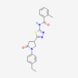 molecular formula C22H22N4O2S B11372920 N-{5-[1-(4-ethylphenyl)-5-oxopyrrolidin-3-yl]-1,3,4-thiadiazol-2-yl}-2-methylbenzamide 