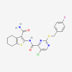 molecular formula C21H18ClFN4O2S2 B11373236 N-(3-carbamoyl-4,5,6,7-tetrahydro-1-benzothiophen-2-yl)-5-chloro-2-[(4-fluorobenzyl)sulfanyl]pyrimidine-4-carboxamide 