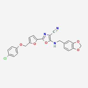 molecular formula C23H16ClN3O5 B11373277 5-[(1,3-Benzodioxol-5-ylmethyl)amino]-2-{5-[(4-chlorophenoxy)methyl]furan-2-yl}-1,3-oxazole-4-carbonitrile 