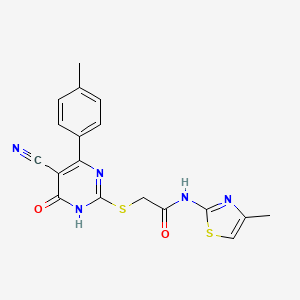 molecular formula C18H15N5O2S2 B11373520 2-{[5-Cyano-4-(4-methylphenyl)-6-oxo-1,6-dihydropyrimidin-2-YL]sulfanyl}-N-(4-methyl-1,3-thiazol-2-YL)acetamide 