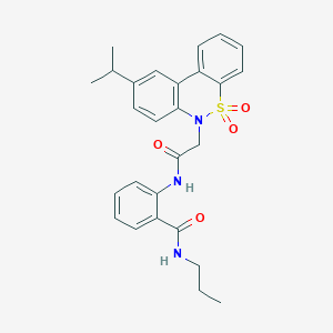 molecular formula C27H29N3O4S B11373537 2-{[(9-isopropyl-5,5-dioxido-6H-dibenzo[c,e][1,2]thiazin-6-yl)acetyl]amino}-N-propylbenzamide 