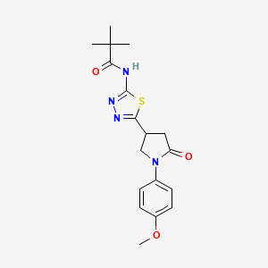 molecular formula C18H22N4O3S B11373939 N-{5-[1-(4-methoxyphenyl)-5-oxopyrrolidin-3-yl]-1,3,4-thiadiazol-2-yl}-2,2-dimethylpropanamide 