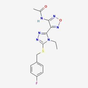 molecular formula C15H15FN6O2S B11374486 N-(4-{4-ethyl-5-[(4-fluorobenzyl)sulfanyl]-4H-1,2,4-triazol-3-yl}-1,2,5-oxadiazol-3-yl)acetamide 