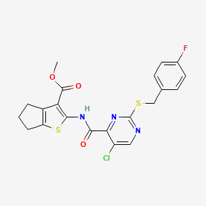 molecular formula C21H17ClFN3O3S2 B11375234 methyl 2-[({5-chloro-2-[(4-fluorobenzyl)sulfanyl]pyrimidin-4-yl}carbonyl)amino]-5,6-dihydro-4H-cyclopenta[b]thiophene-3-carboxylate 