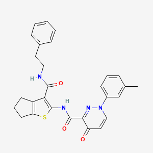 molecular formula C28H26N4O3S B11375368 1-(3-methylphenyl)-4-oxo-N-{3-[(2-phenylethyl)carbamoyl]-5,6-dihydro-4H-cyclopenta[b]thiophen-2-yl}-1,4-dihydropyridazine-3-carboxamide 