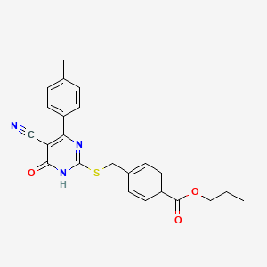 molecular formula C23H21N3O3S B11375570 Propyl 4-({[5-cyano-4-(4-methylphenyl)-6-oxo-1,6-dihydropyrimidin-2-YL]sulfanyl}methyl)benzoate 