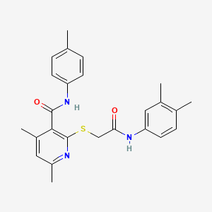 molecular formula C25H27N3O2S B11375575 2-({2-[(3,4-dimethylphenyl)amino]-2-oxoethyl}sulfanyl)-4,6-dimethyl-N-(4-methylphenyl)pyridine-3-carboxamide 