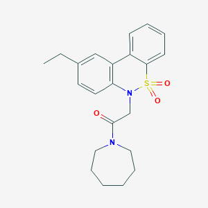 molecular formula C22H26N2O3S B11375597 1-(1-Azepanyl)-2-(9-ethyl-5,5-dioxido-6H-dibenzo[C,E][1,2]thiazin-6-YL)ethanone 