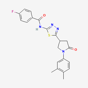 molecular formula C21H19FN4O2S B11375838 N-{5-[1-(3,4-dimethylphenyl)-5-oxopyrrolidin-3-yl]-1,3,4-thiadiazol-2-yl}-4-fluorobenzamide 