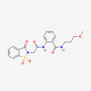 molecular formula C20H21N3O6S B11376385 2-{[(1,1-dioxido-3-oxo-1,2-benzothiazol-2(3H)-yl)acetyl]amino}-N-(3-methoxypropyl)benzamide 