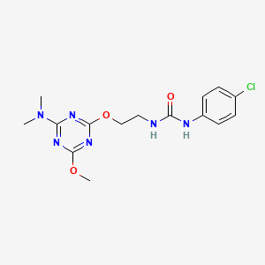 molecular formula C15H19ClN6O3 B11376869 1-(4-Chlorophenyl)-3-(2-{[4-(dimethylamino)-6-methoxy-1,3,5-triazin-2-yl]oxy}ethyl)urea 