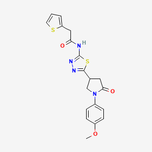 molecular formula C19H18N4O3S2 B11379323 N-{5-[1-(4-methoxyphenyl)-5-oxopyrrolidin-3-yl]-1,3,4-thiadiazol-2-yl}-2-(thiophen-2-yl)acetamide 