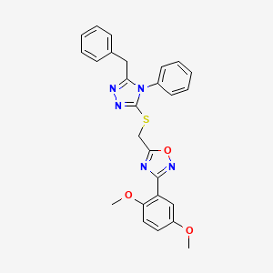 molecular formula C26H23N5O3S B11380848 5-{[(5-benzyl-4-phenyl-4H-1,2,4-triazol-3-yl)sulfanyl]methyl}-3-(2,5-dimethoxyphenyl)-1,2,4-oxadiazole 