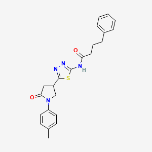 molecular formula C23H24N4O2S B11382041 N-{5-[1-(4-methylphenyl)-5-oxopyrrolidin-3-yl]-1,3,4-thiadiazol-2-yl}-4-phenylbutanamide 