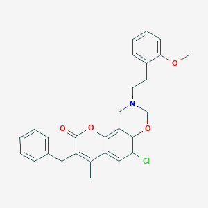 molecular formula C28H26ClNO4 B11382056 3-benzyl-6-chloro-9-[2-(2-methoxyphenyl)ethyl]-4-methyl-9,10-dihydro-2H,8H-chromeno[8,7-e][1,3]oxazin-2-one 